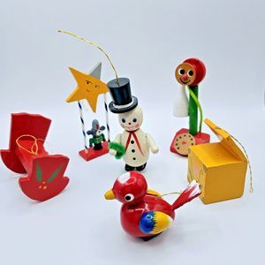 Christmas Ornament Vintage Wooden Hanging Holiday Bird Snowman Telegraph Cradle